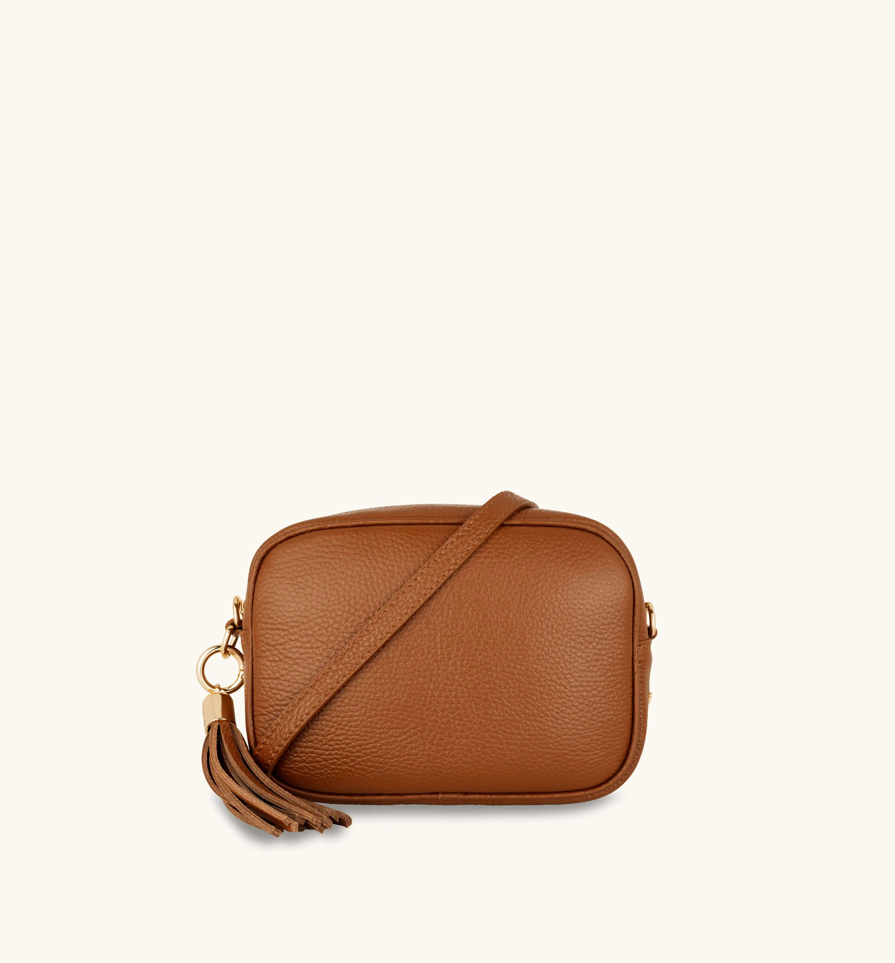 The Tassel Tan Leather Crossbody Bag With Orange & Tan Check Strap