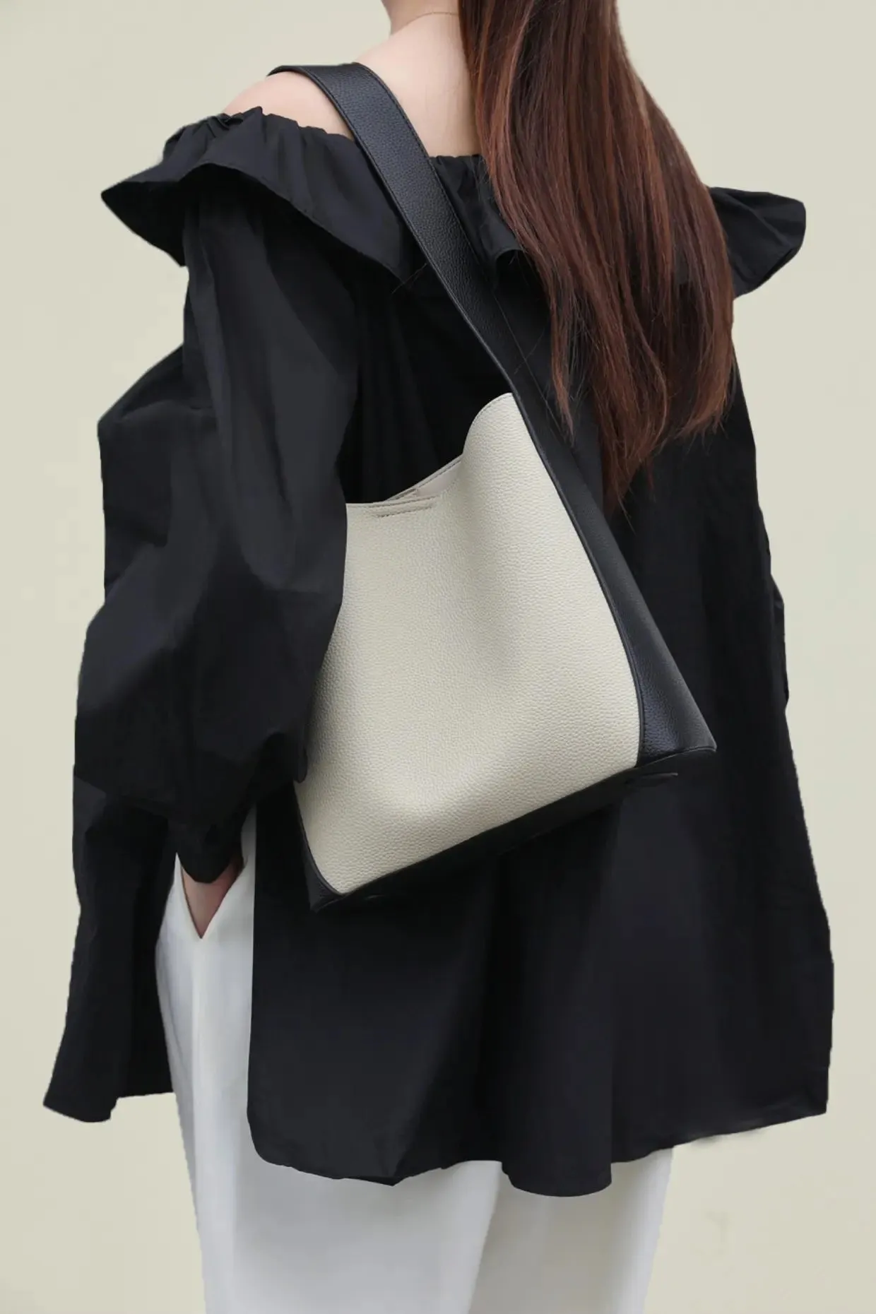 Timeless Calfskin Boho Bucket Bag with Wide Strap
