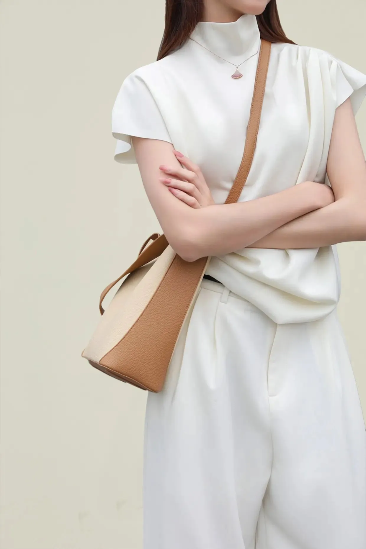 Timeless Calfskin Boho Bucket Bag with Wide Strap