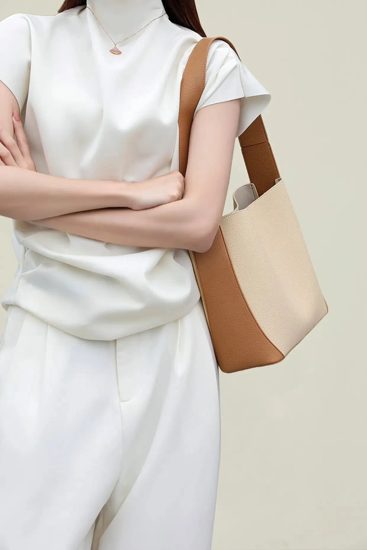 Timeless Calfskin Boho Bucket Bag with Wide Strap