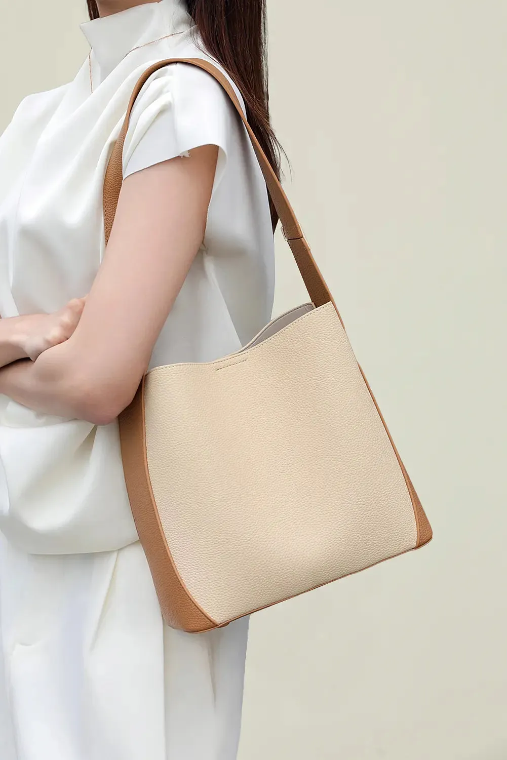Timeless Calfskin Boho Bucket Bag with Wide Strap