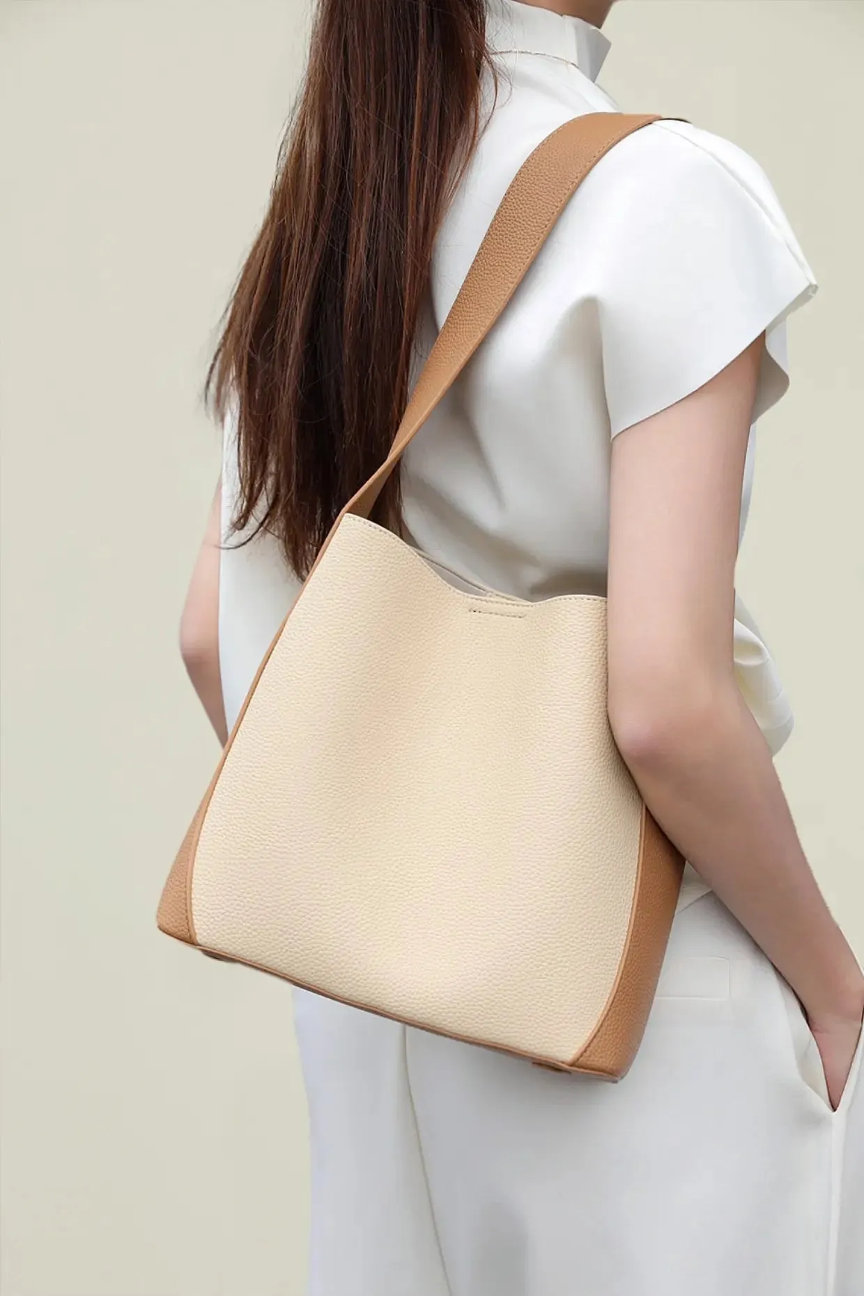Timeless Calfskin Boho Bucket Bag with Wide Strap