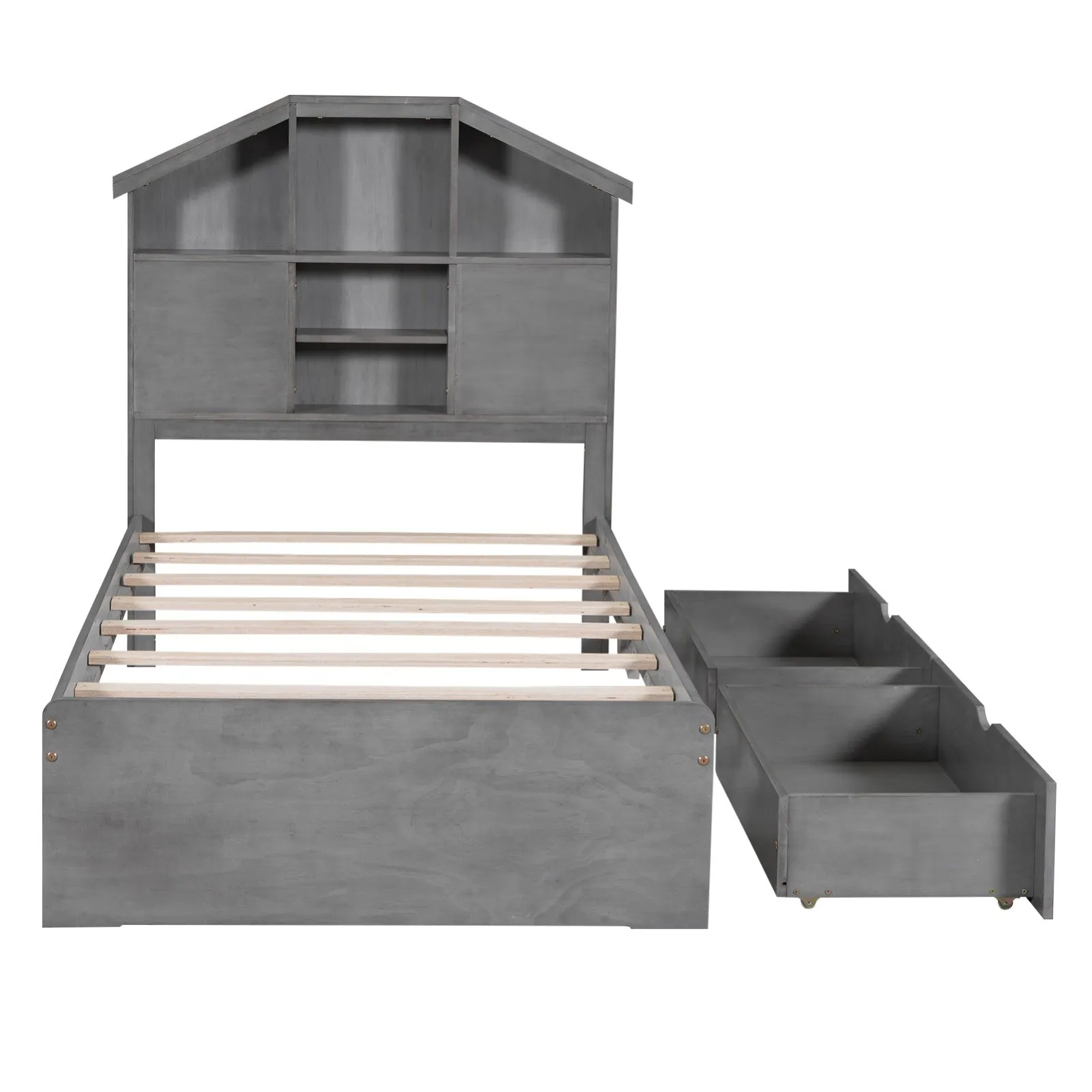 Twin-Size Wood Platform Bed with House-Shaped Storage Headboard and 2 Drawers