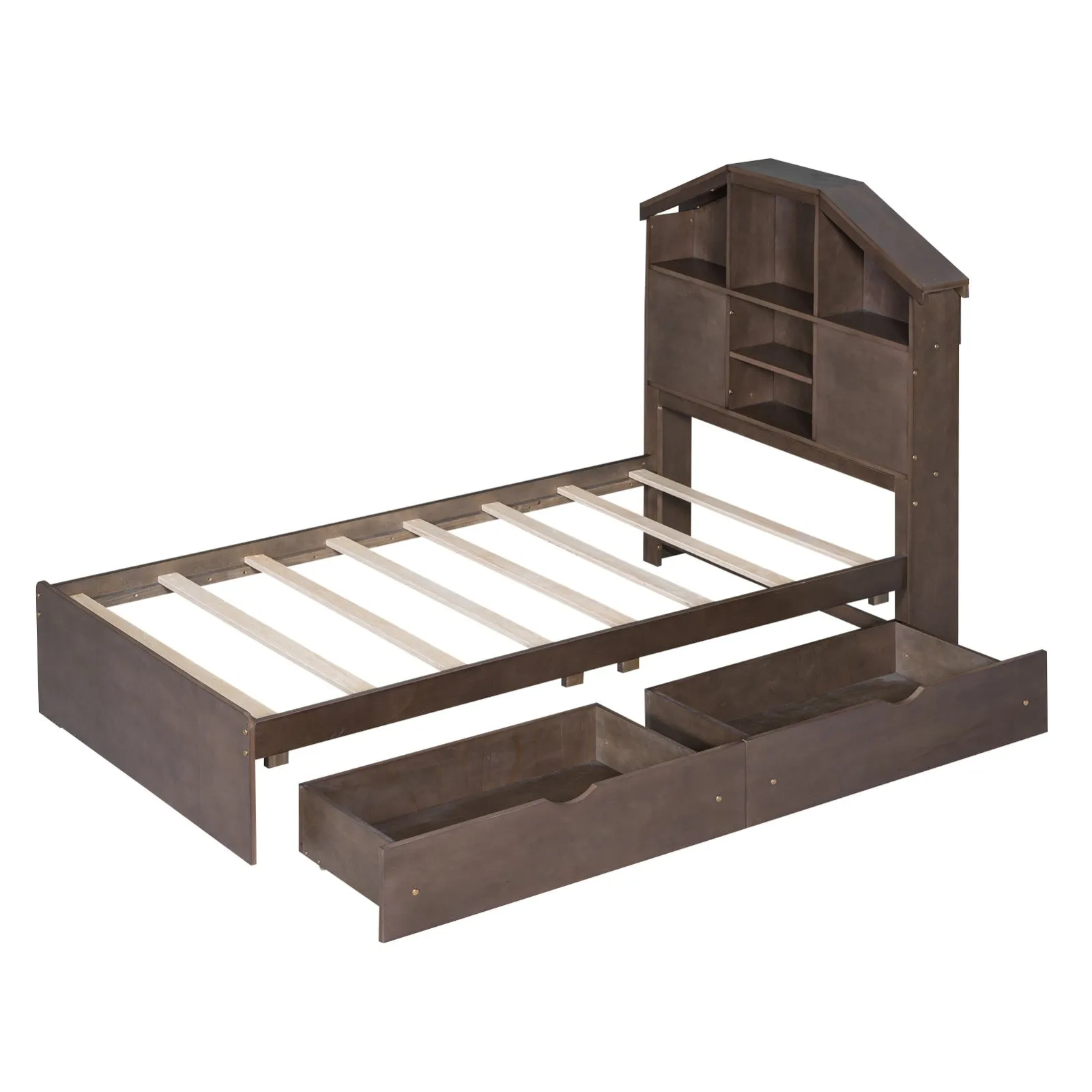 Twin-Size Wood Platform Bed with House-Shaped Storage Headboard and 2 Drawers