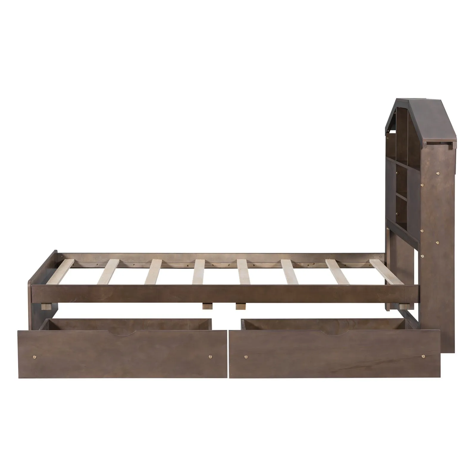 Twin-Size Wood Platform Bed with House-Shaped Storage Headboard and 2 Drawers