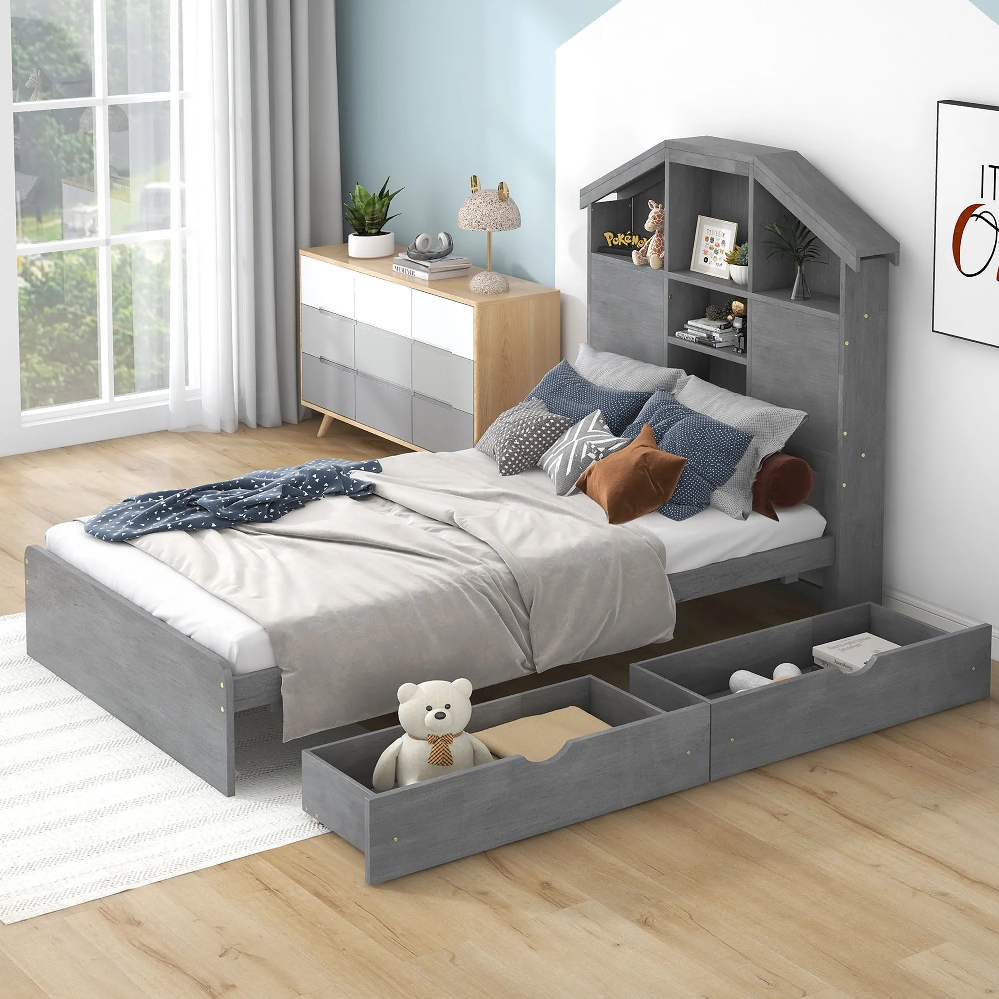 Twin-Size Wood Platform Bed with House-Shaped Storage Headboard and 2 Drawers