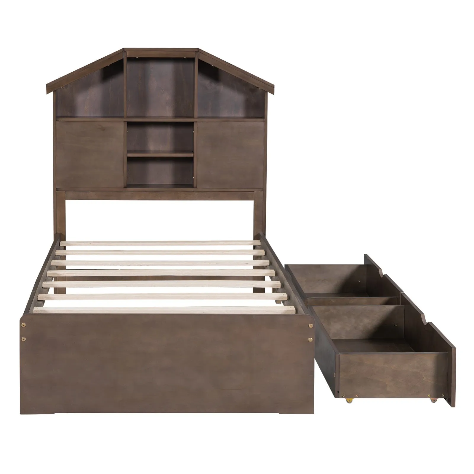 Twin-Size Wood Platform Bed with House-Shaped Storage Headboard and 2 Drawers