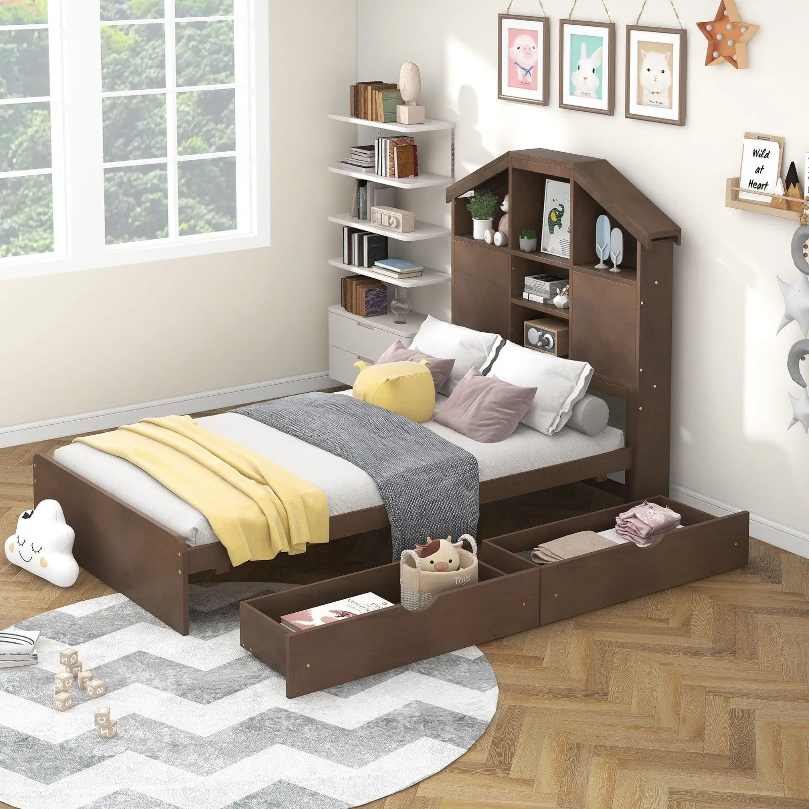 Twin-Size Wood Platform Bed with House-Shaped Storage Headboard and 2 Drawers