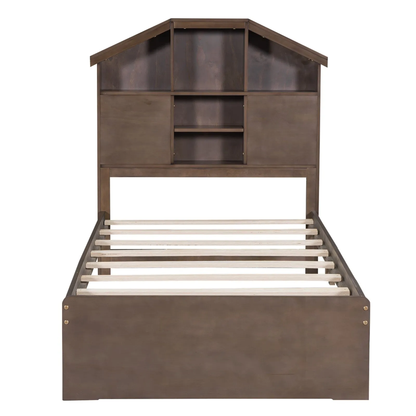 Twin-Size Wood Platform Bed with House-Shaped Storage Headboard and 2 Drawers