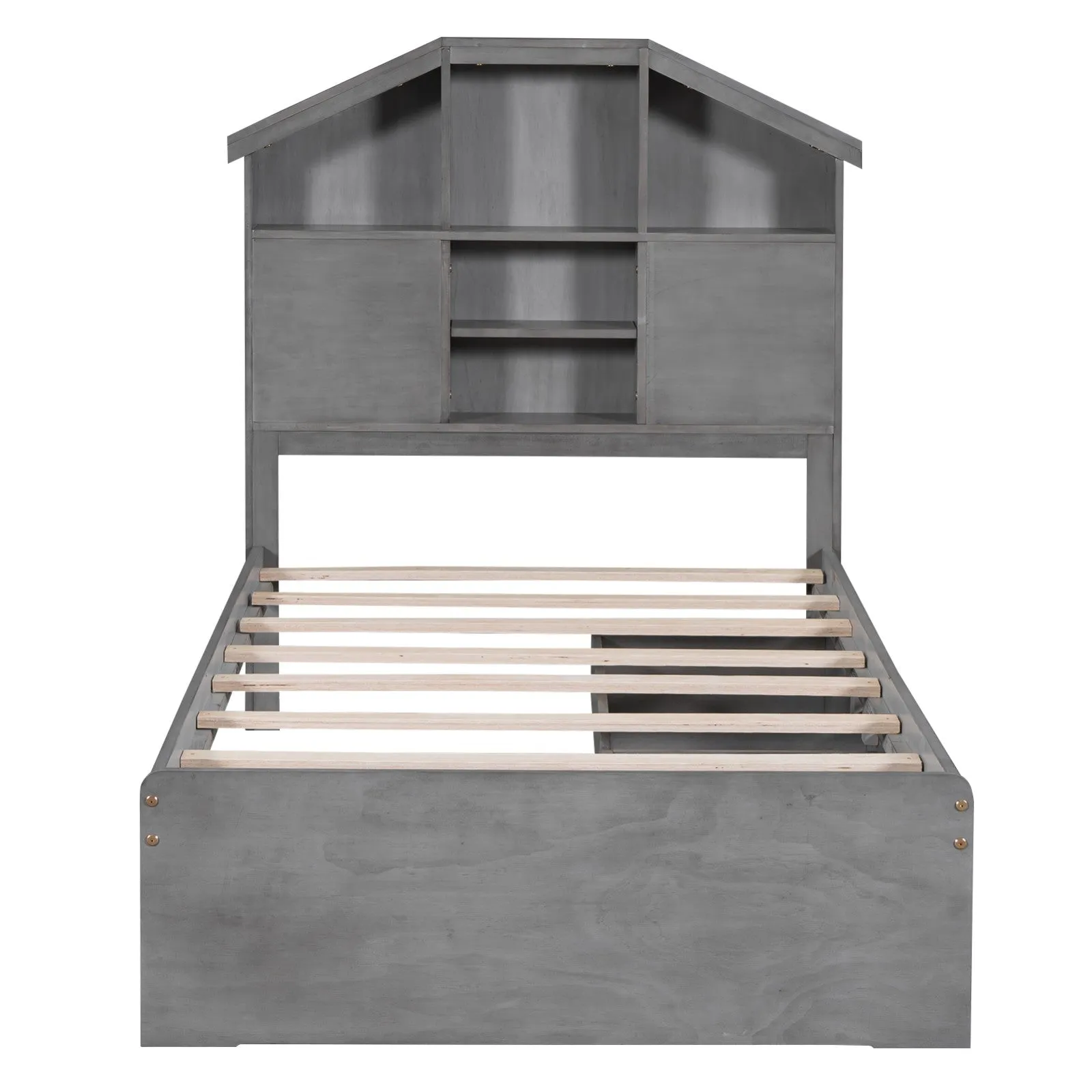 Twin-Size Wood Platform Bed with House-Shaped Storage Headboard and 2 Drawers
