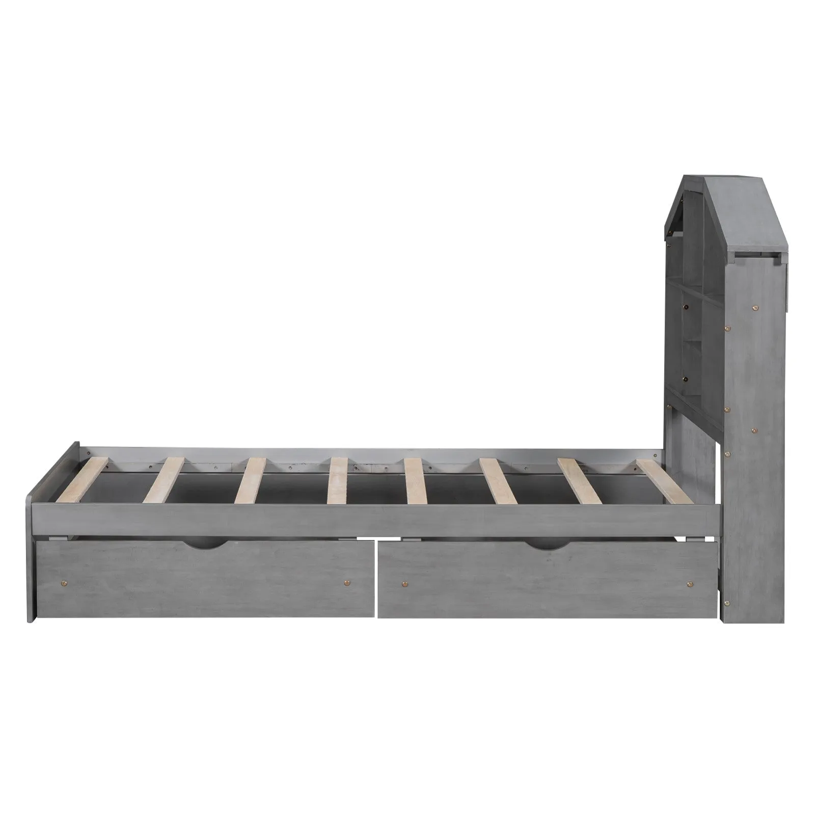 Twin-Size Wood Platform Bed with House-Shaped Storage Headboard and 2 Drawers