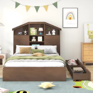 Twin-Size Wood Platform Bed with House-Shaped Storage Headboard and 2 Drawers