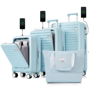 Ultimate Travel Companion: 4-Piece Lightweight Luggage Set with USB Charging Port and Front-Access Design - Stylish Light Blue ABS Hard Shell