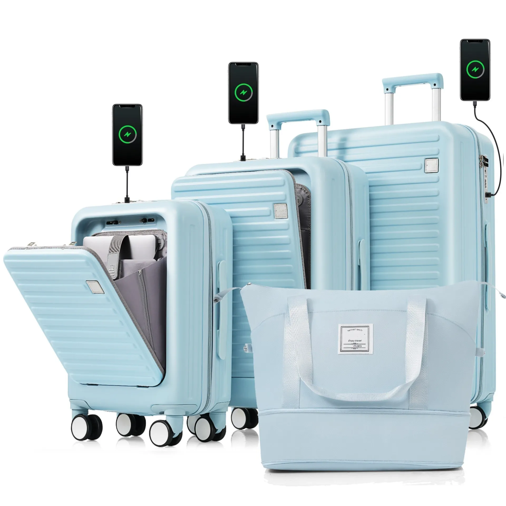 Ultimate Travel Companion: 4-Piece Lightweight Luggage Set with USB Charging Port and Front-Access Design - Stylish Light Blue ABS Hard Shell