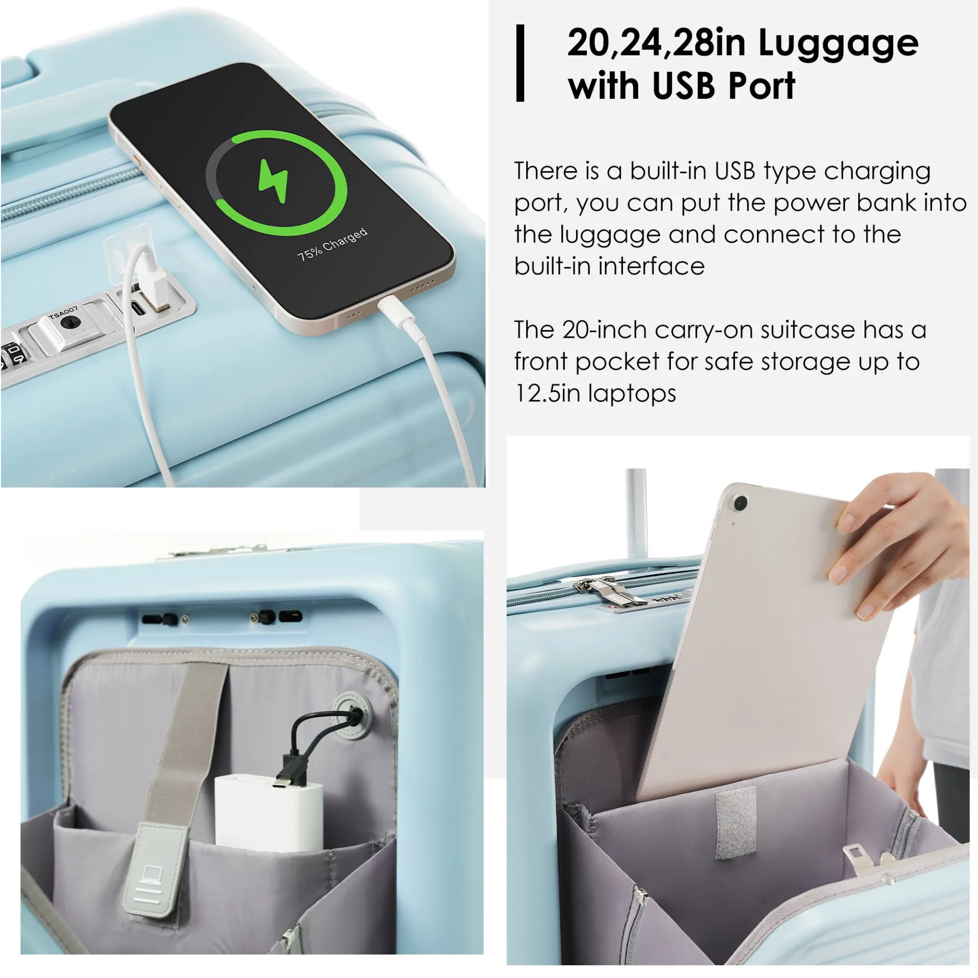 Ultimate Travel Companion: 4-Piece Lightweight Luggage Set with USB Charging Port and Front-Access Design - Stylish Light Blue ABS Hard Shell