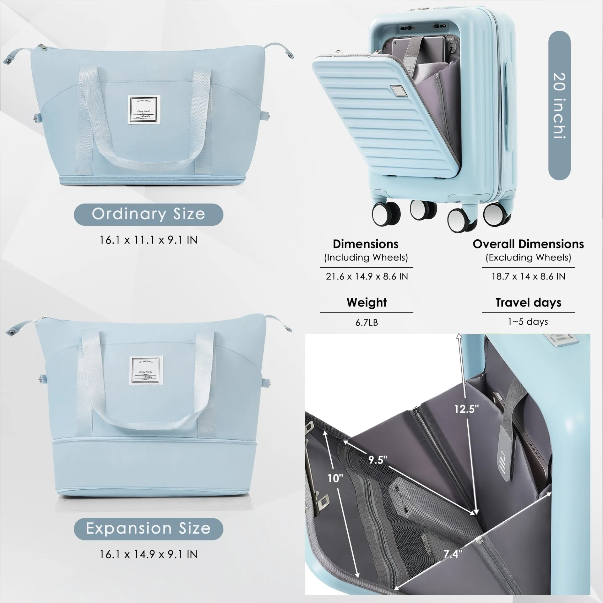 Ultimate Travel Companion: 4-Piece Lightweight Luggage Set with USB Charging Port and Front-Access Design - Stylish Light Blue ABS Hard Shell