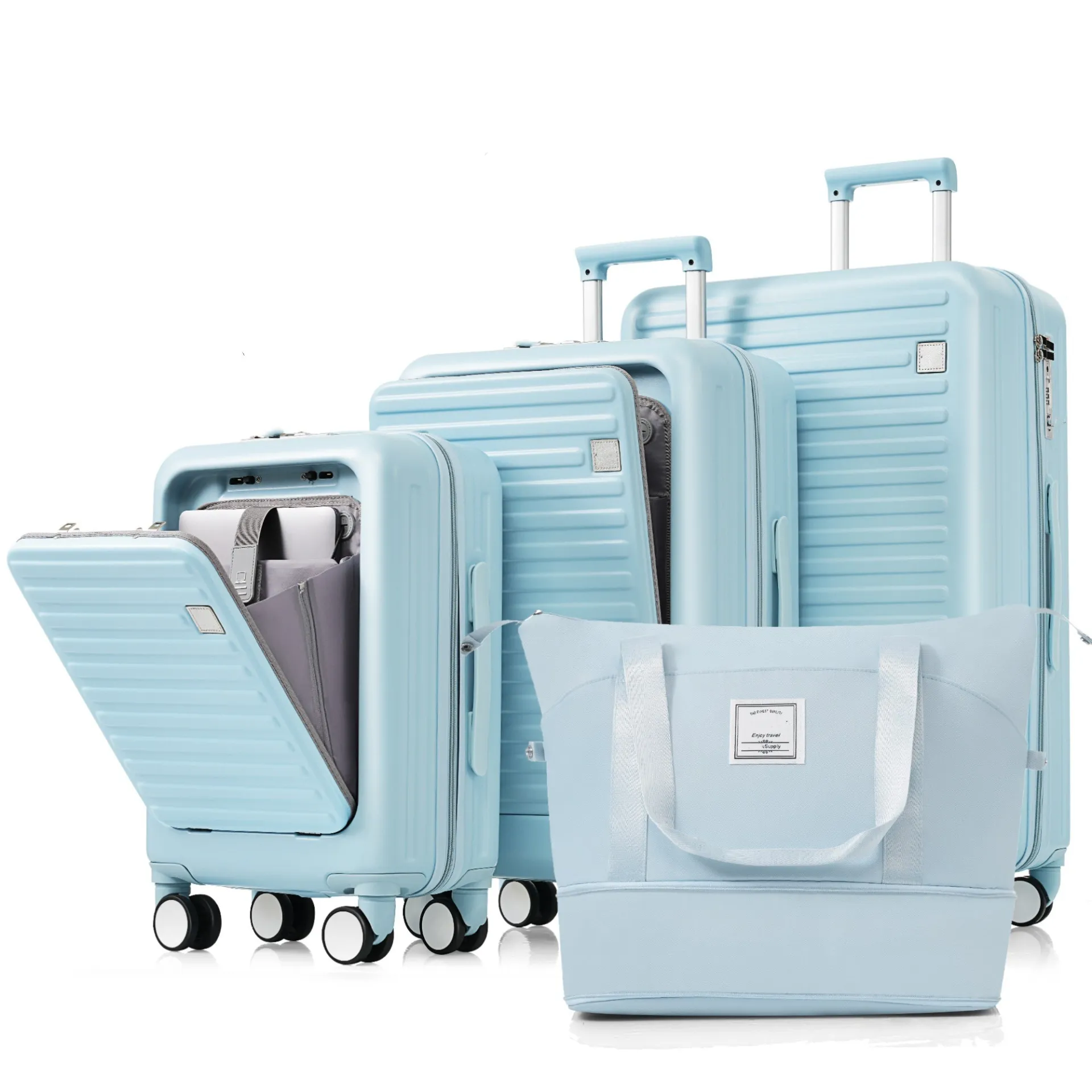 Ultimate Travel Companion: 4-Piece Lightweight Luggage Set with USB Charging Port and Front-Access Design - Stylish Light Blue ABS Hard Shell