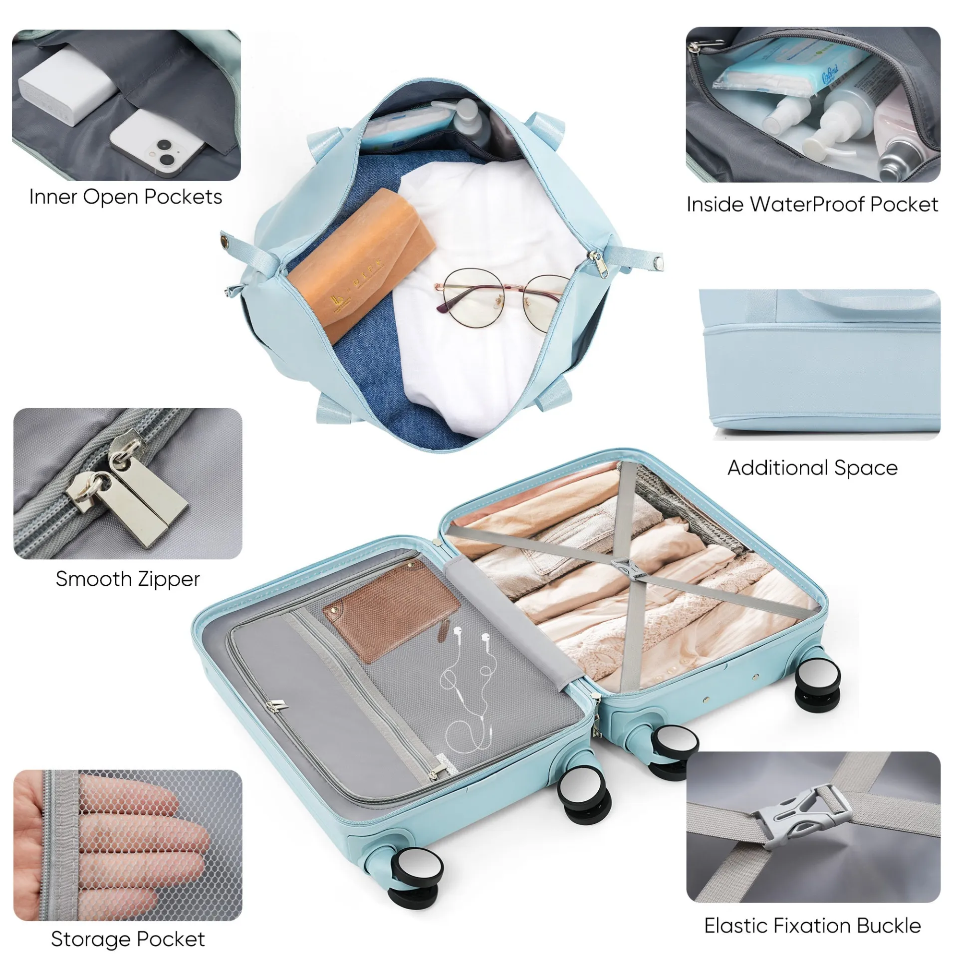Ultimate Travel Companion: 4-Piece Lightweight Luggage Set with USB Charging Port and Front-Access Design - Stylish Light Blue ABS Hard Shell