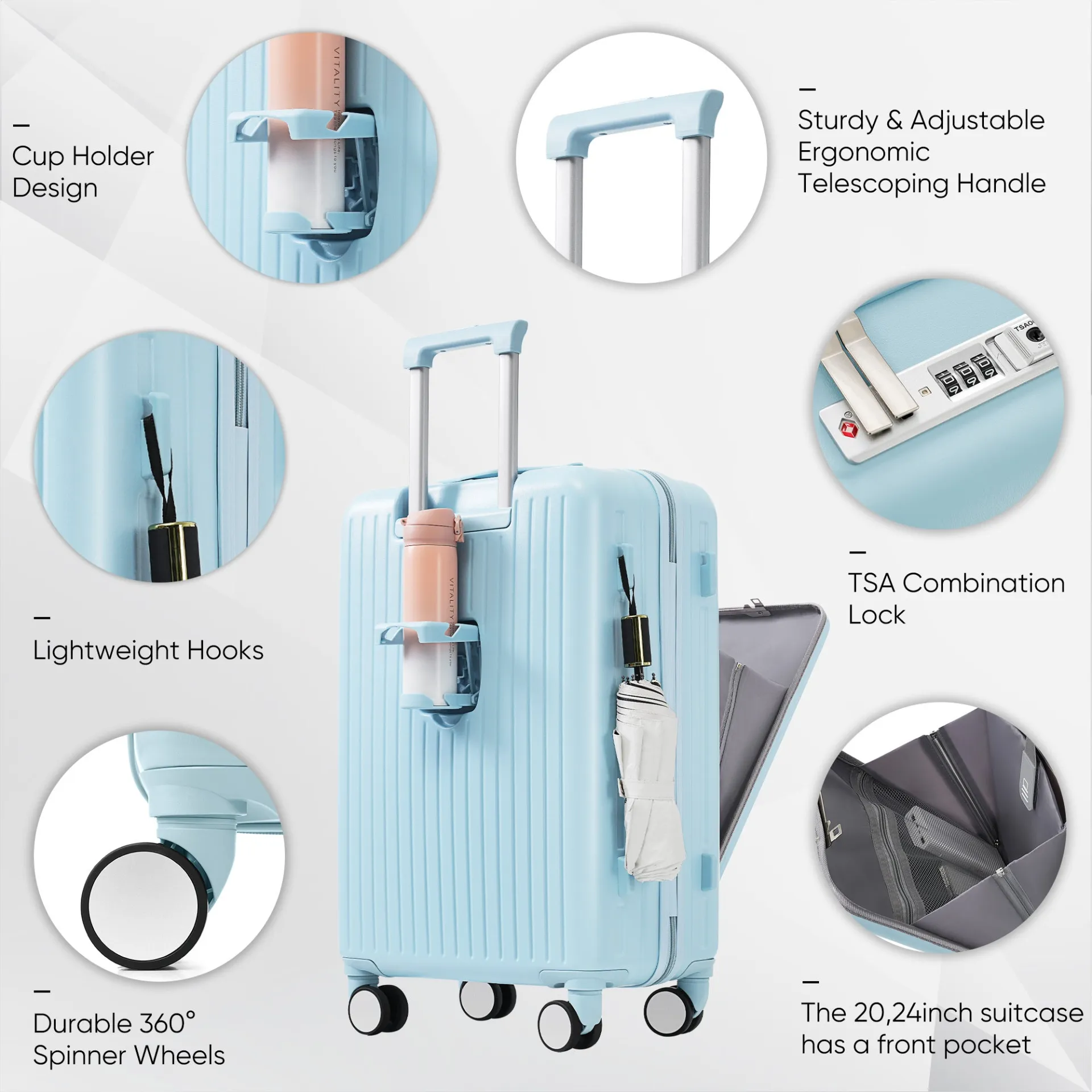 Ultimate Travel Companion: 4-Piece Lightweight Luggage Set with USB Charging Port and Front-Access Design - Stylish Light Blue ABS Hard Shell