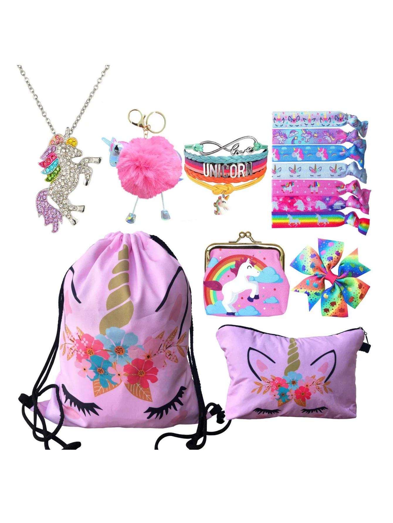 Unicorn Gifts for Girls - Unicorn Drawstring Backpack/Makeup Bag/Bracelet/Necklace/Hair Ties/Keychain/Sticker (Pink Flower 2)