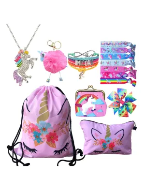 Unicorn Gifts for Girls - Unicorn Drawstring Backpack/Makeup Bag/Bracelet/Necklace/Hair Ties/Keychain/Sticker (Pink Flower 2)