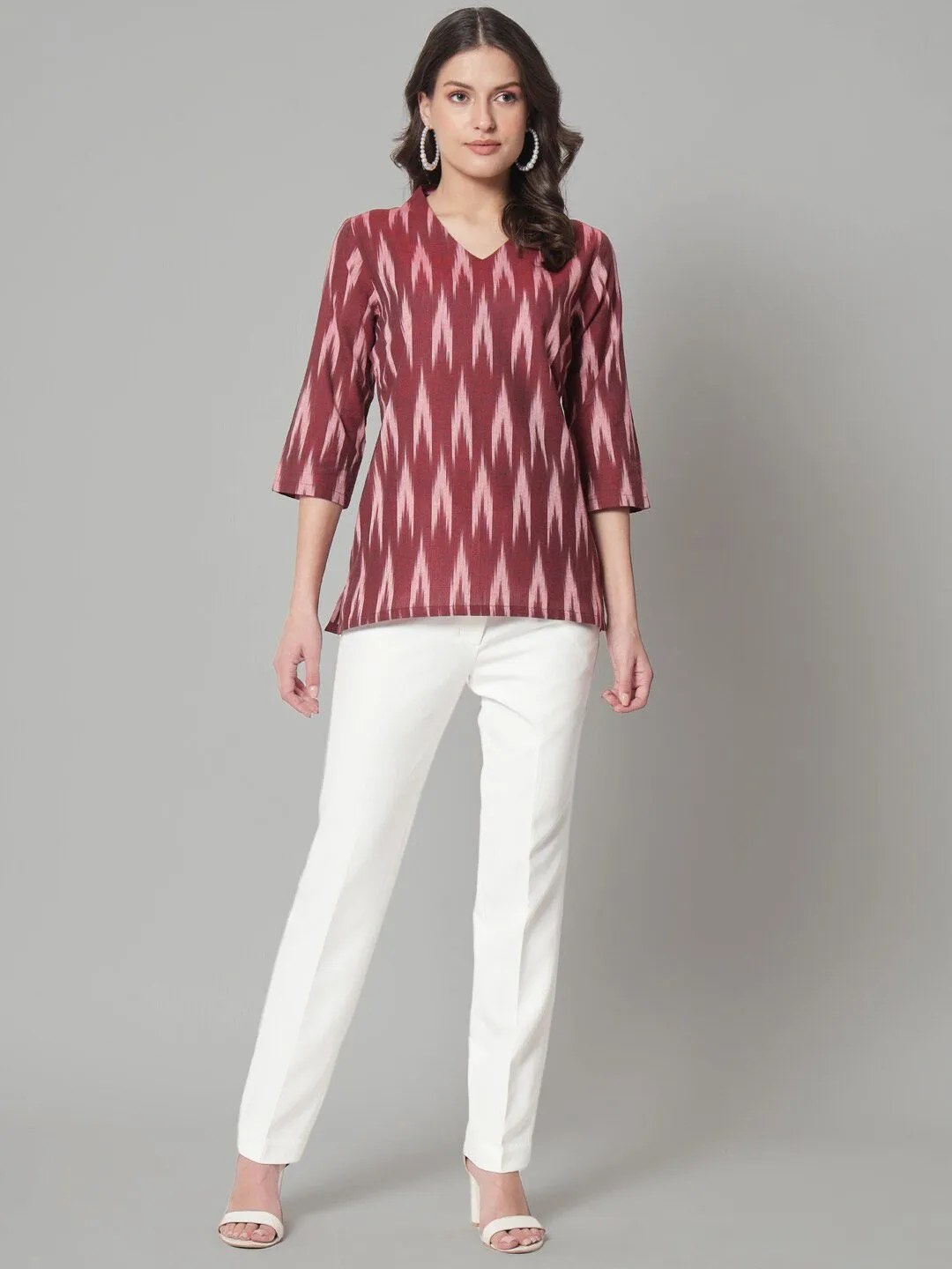 V-Neck Ikat Print Cotton Top- Maroon