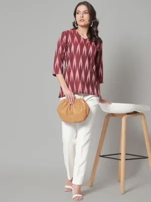 V-Neck Ikat Print Cotton Top- Maroon