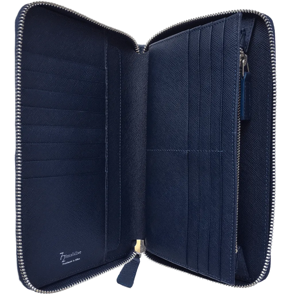 Vibrant Blue Saffiano Leather Zip Wallet for 16 Cards - Italian Craftsmanship