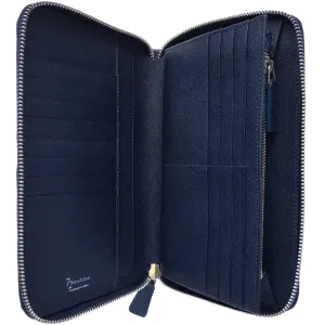 Vibrant Blue Saffiano Leather Zip Wallet for 16 Cards - Italian Craftsmanship