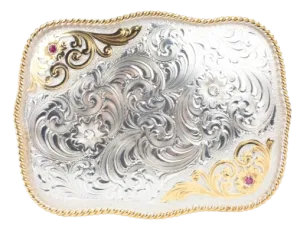 Vintage Western Montana Silversmiths Silver Plated Belt Buckle With Rare Genuine Rubies