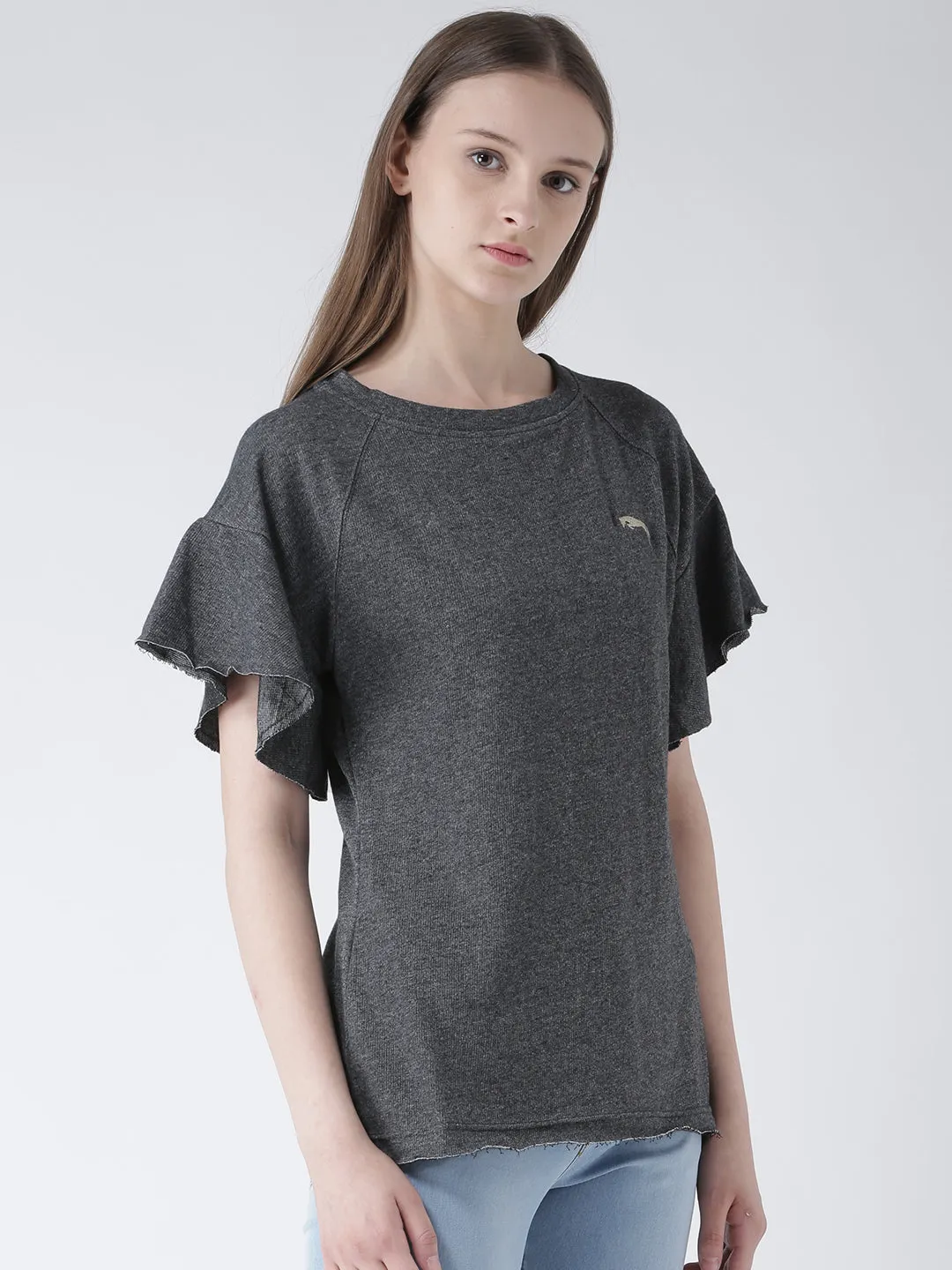 Women Charcoal Solid Polyester Top