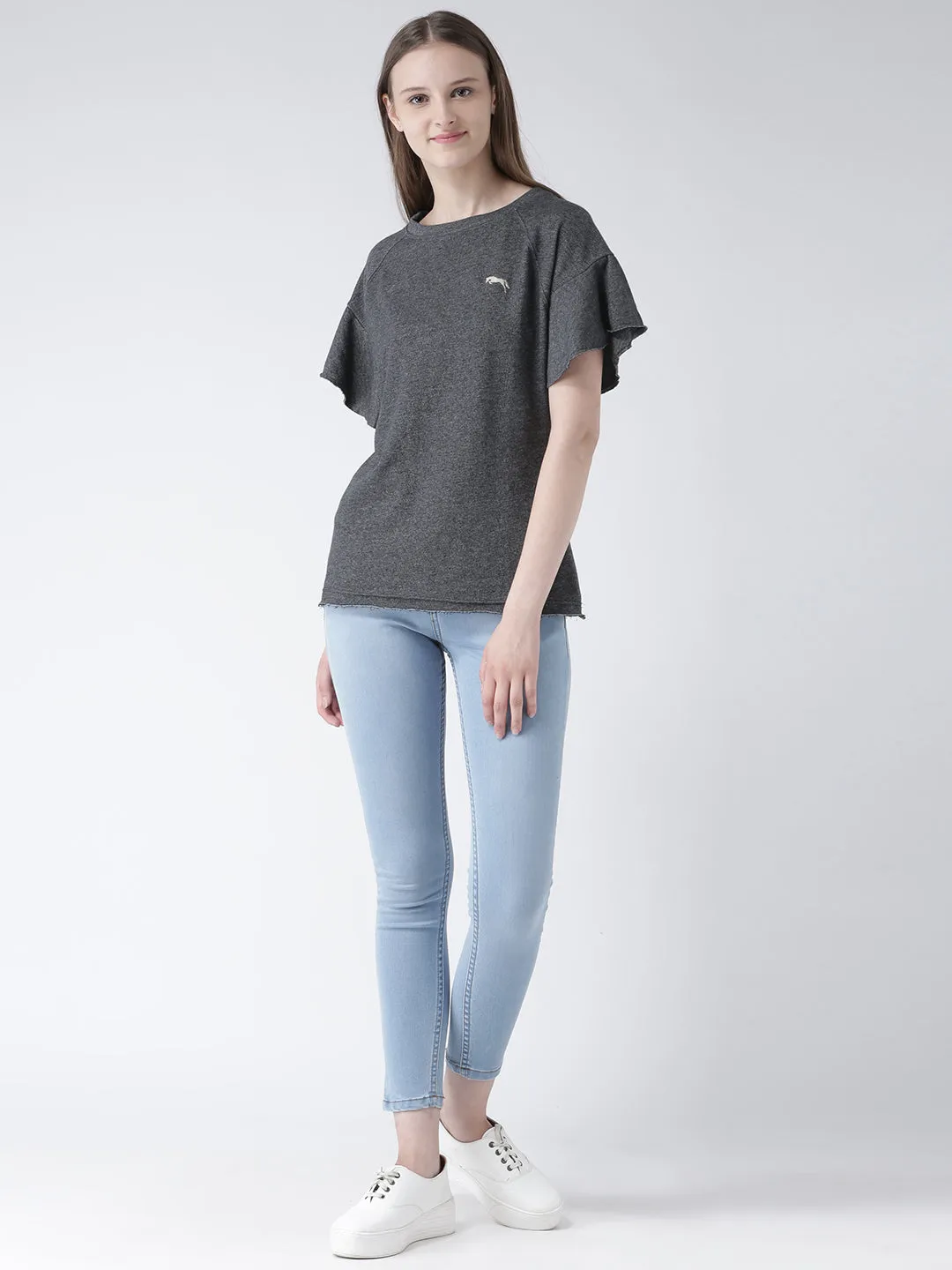 Women Charcoal Solid Polyester Top