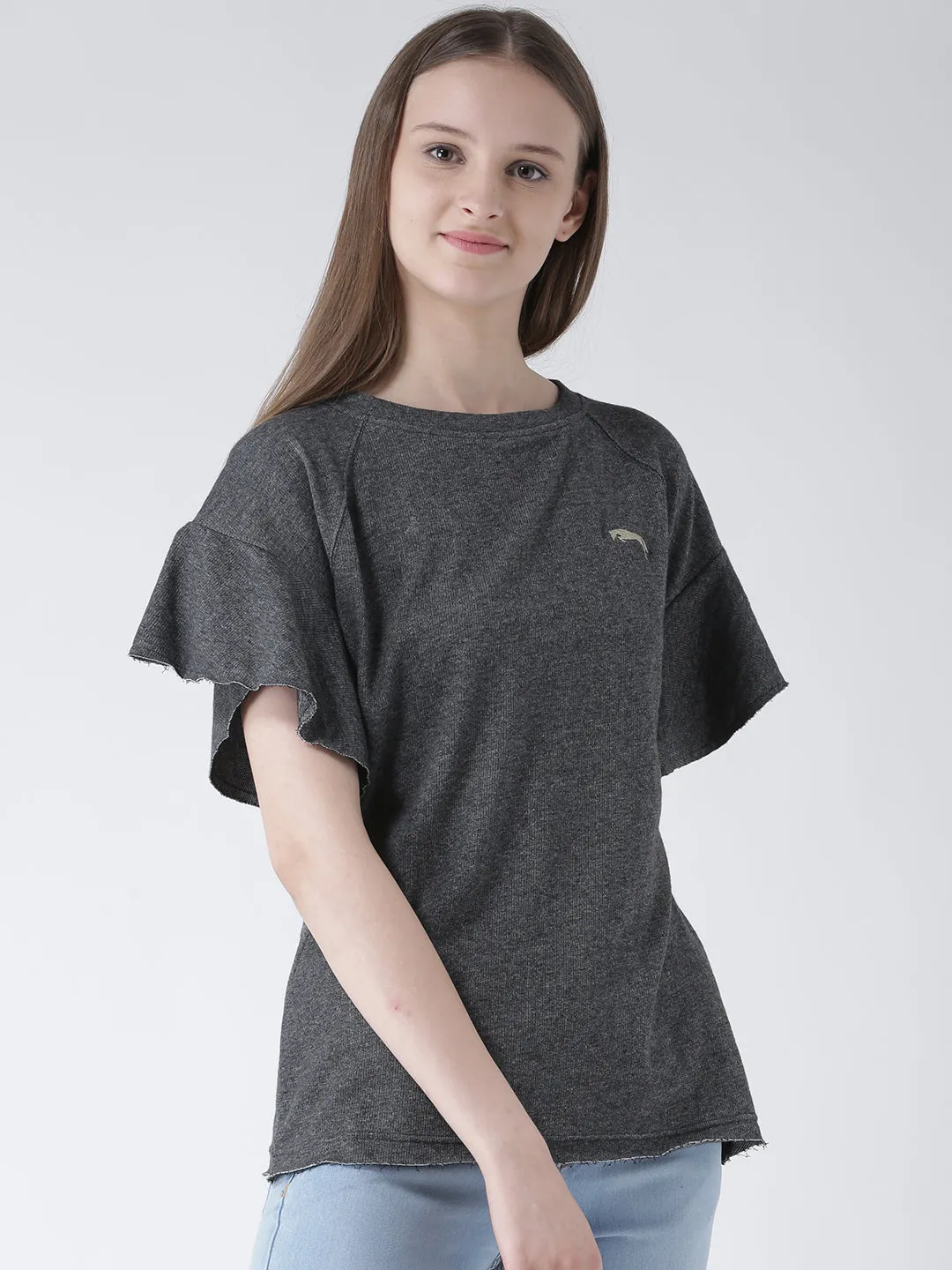 Women Charcoal Solid Polyester Top