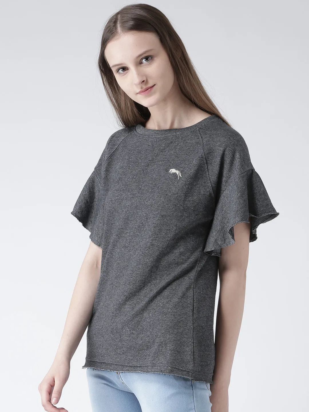 Women Charcoal Solid Polyester Top